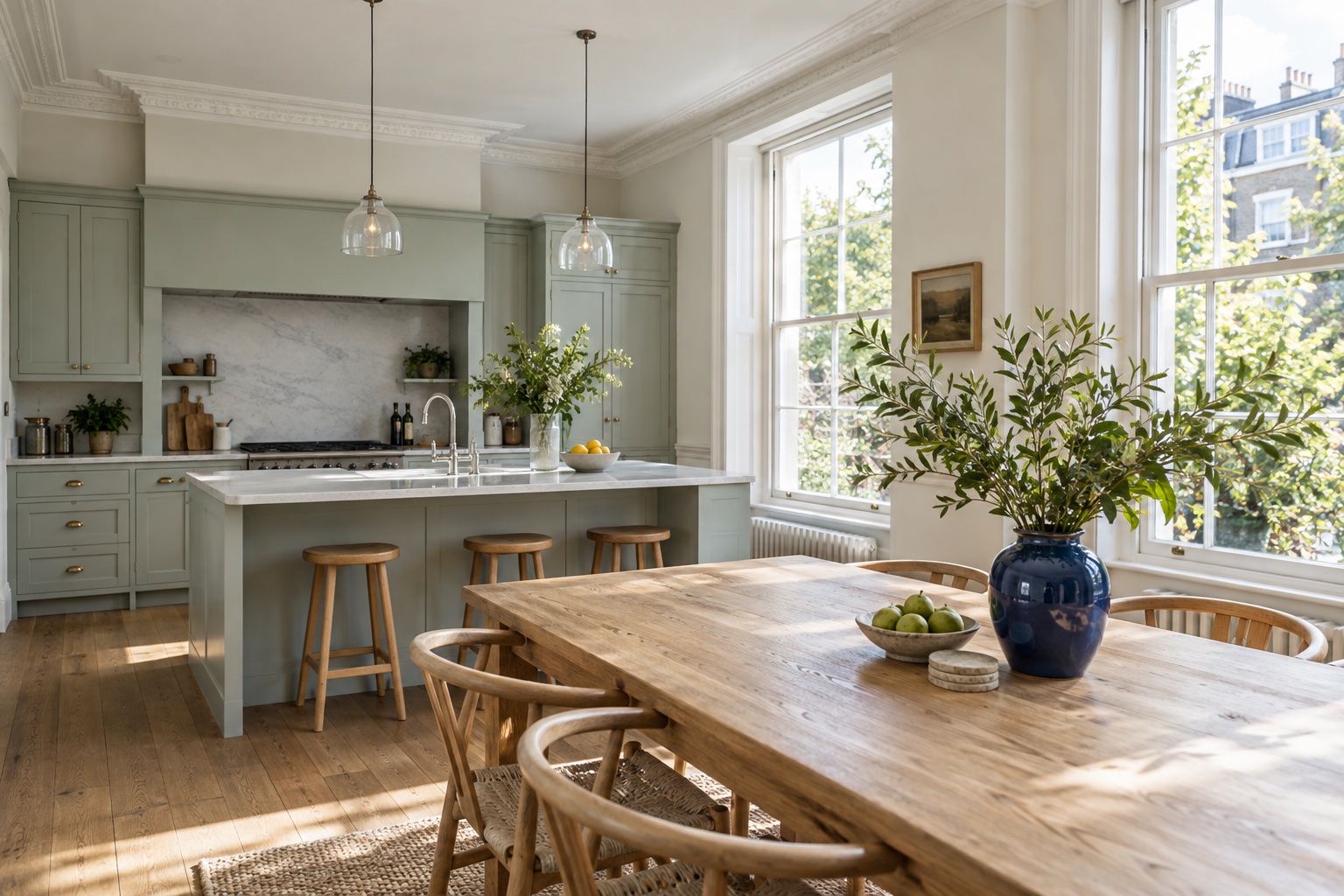 Sunlit kitchen with mint cabinets and an oak dining table. Illustrative interior.
